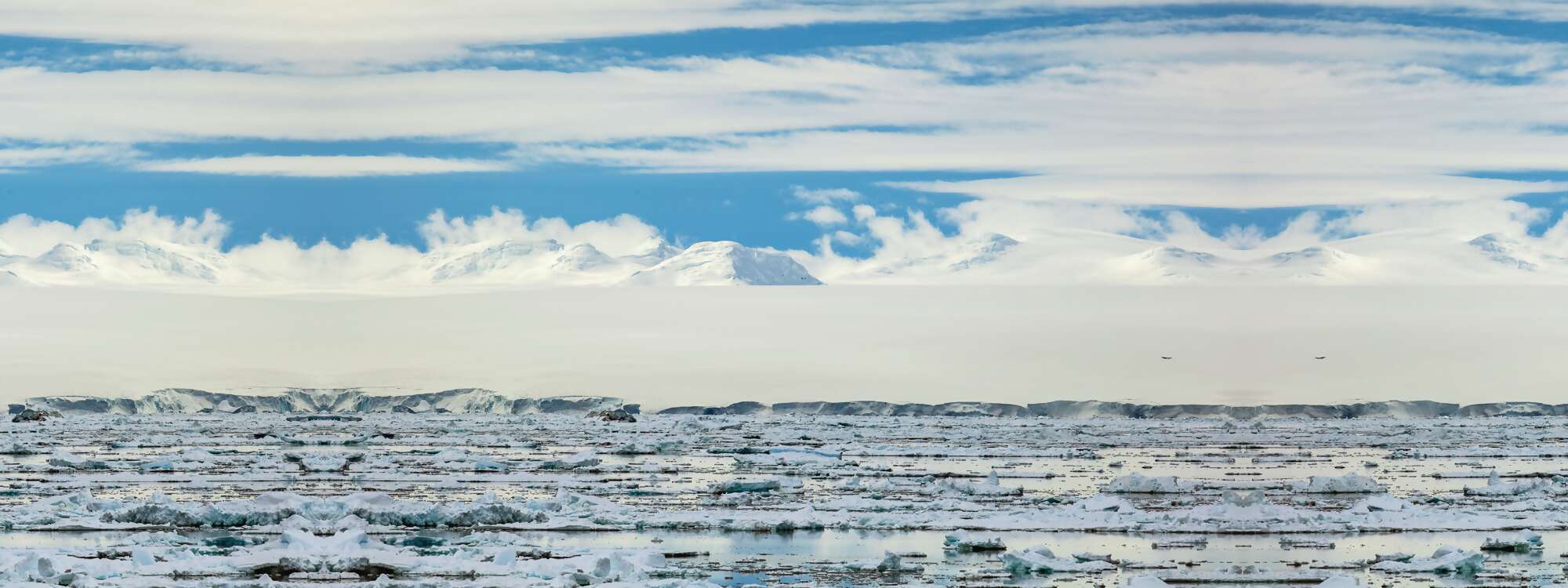 
Schelfeis, das sich von Joinville Island in den Antarctic Sound erstreckt, am nordöstlichen Ende der Antarktischen Halbinsel in der Antarktis